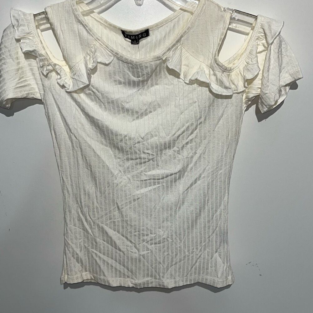 Timing Women White Ribbed Cold Shoulder Ruffle Top MT61784 Short Sleeve Small